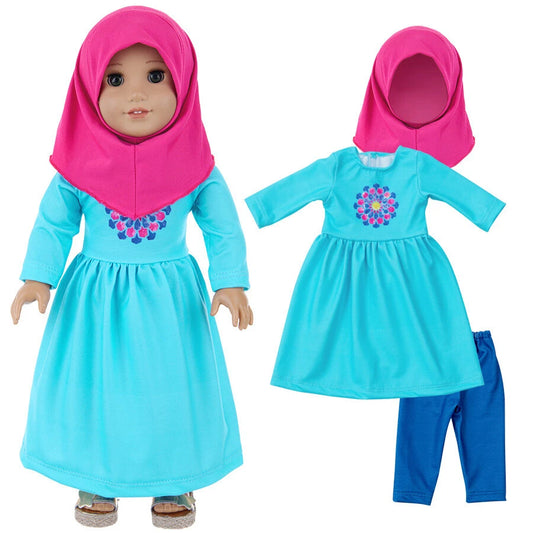 Three-piece set of blue dress & pants & Hijab made for 18'' doll outfit